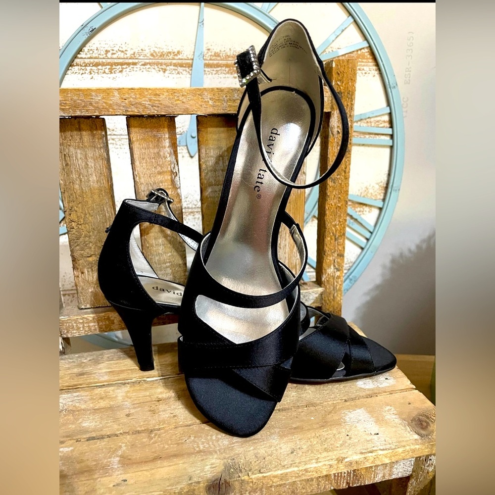 David Tate Womens Rhinestone Buckle Slingback Heels,Sz 7 Satin Black NWB!
